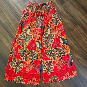New Christian Siriano red tropical island print wide leg pants